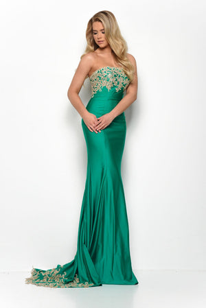Jasz Couture 7071 prom dress images.  Jasz Couture 7071 is available in these colors: Emerald Gold, Ivory Gold.