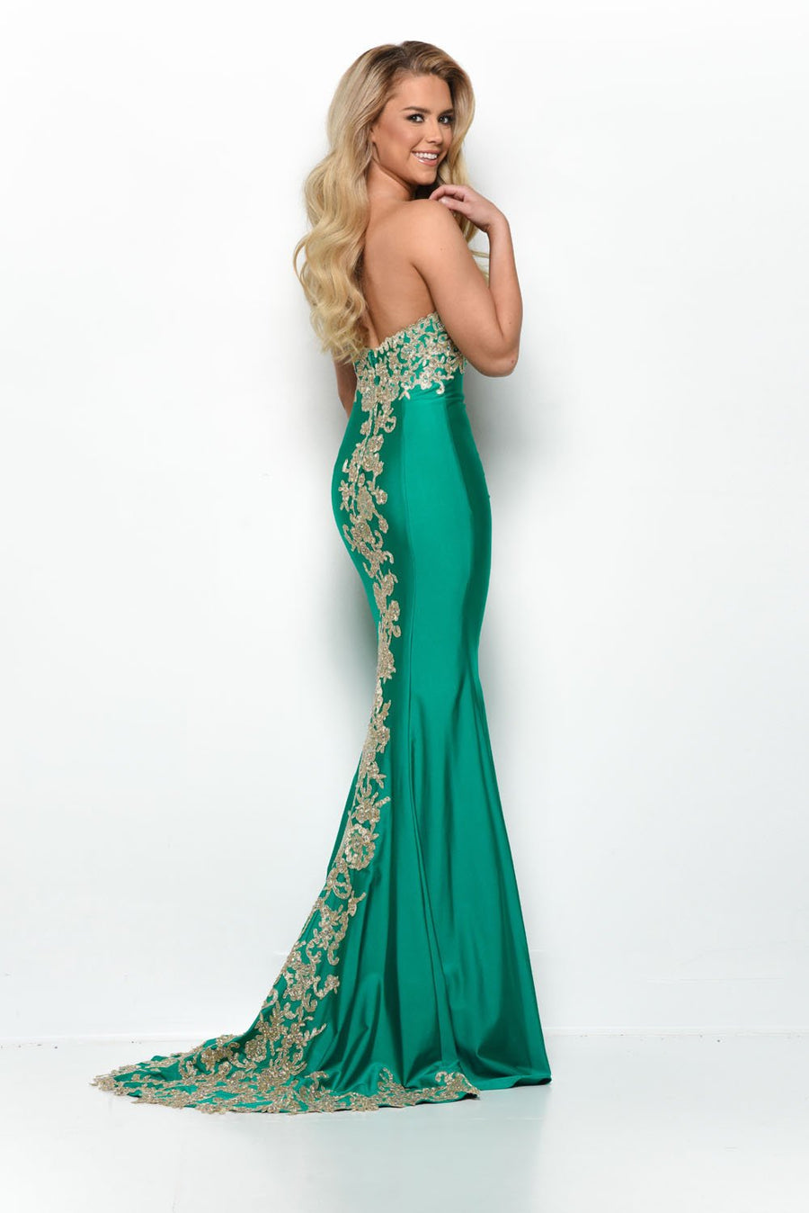 Jasz Couture 7071 prom dress images.  Jasz Couture 7071 is available in these colors: Emerald Gold, Ivory Gold.