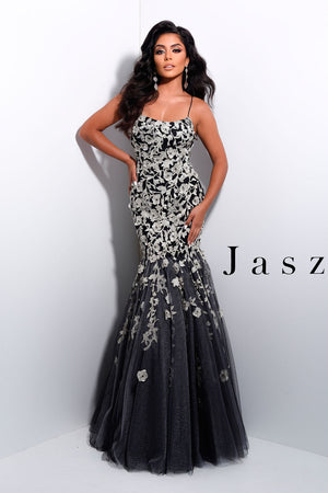 Jasz Couture 7211 prom dress images.  Jasz Couture 7211 is available in these colors: Black Silver.