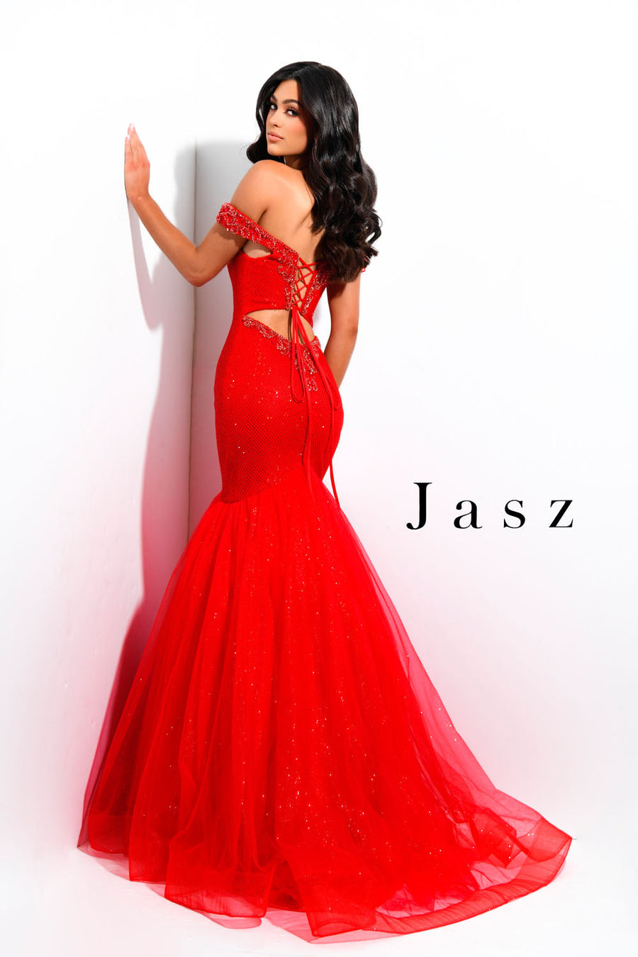 Jasz Couture 7301 prom dress images.  Jasz Couture 7301 is available in these colors: Cobalt,  Emerald,  Red.