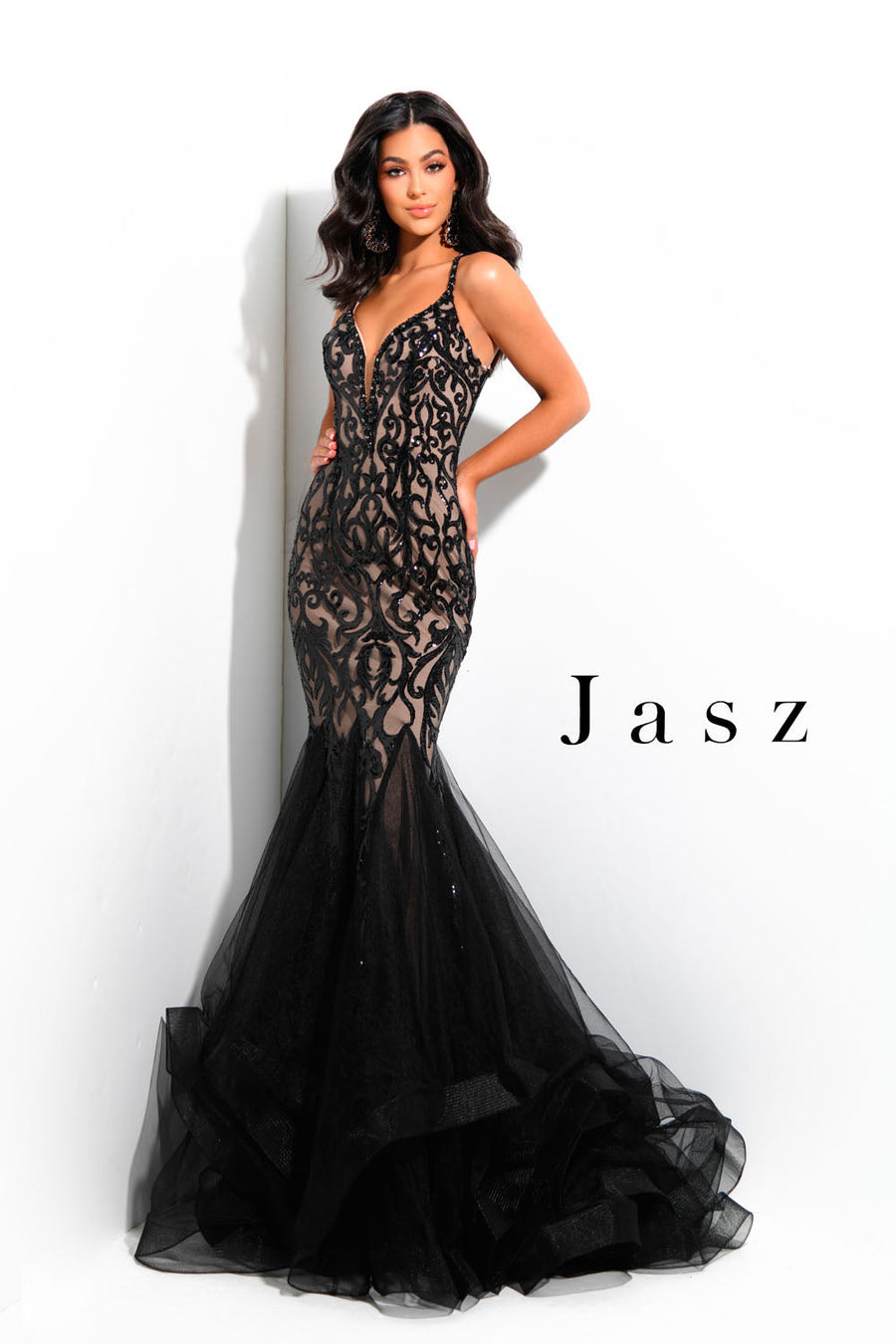 Jasz Couture 7304 prom dress images.  Jasz Couture 7304 is available in these colors: Black Nude.