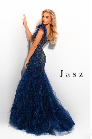 Jasz Couture 7310 prom dress images.  Jasz Couture 7310 is available in these colors: Burgundy Gunmetal,  Navy,  Nude White.