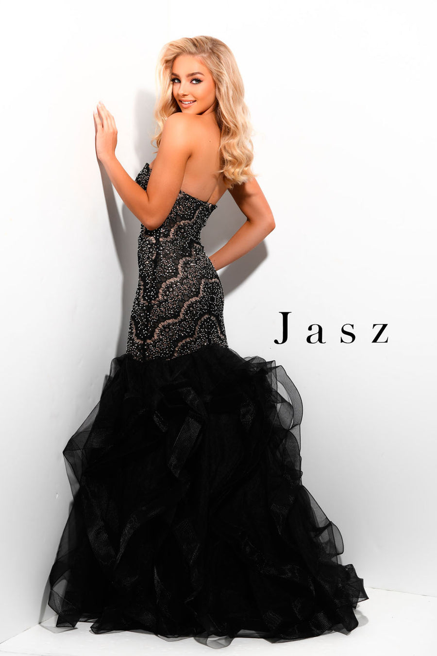 Jasz Couture 7333 prom dress images.  Jasz Couture 7333 is available in these colors: Black Nude,  White Nude,  Wine Nude.