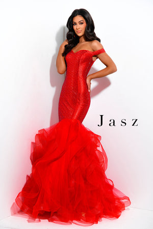 Jasz Couture 7334 prom dress images.  Jasz Couture 7334 is available in these colors: Black Multi,  Red,  White Silver.