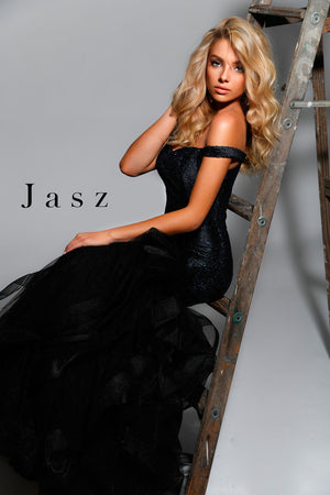 Jasz Couture 7334 prom dress images.  Jasz Couture 7334 is available in these colors: Black Multi,  Red,  White Silver.