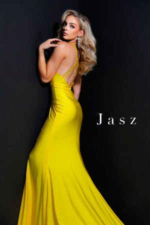 Jasz Couture 7345 prom dress images.  Jasz Couture 7345 is available in these colors: Cobalt,  Fuchsia,  Yellow.