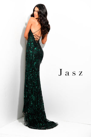 Jasz Couture 7358 prom dress images.  Jasz Couture 7358 is available in these colors: Black Gunmetal,  Emerald,  Red.