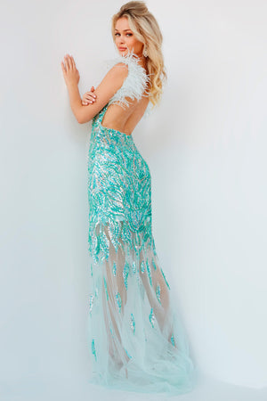 Jovani 06353 Mint prom dress images.  Jovani style 06353 is available in these colors: Black Gunmetal, Mint, Orange, Silver Nude, White.