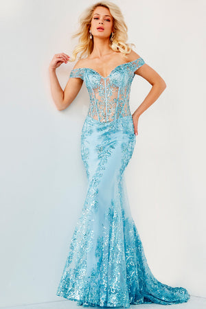 Jovani 06369 Light Blue prom dress images.  Jovani style 06369 is available in these colors: Ivory, Light Blue, Navy, Red, Royal.
