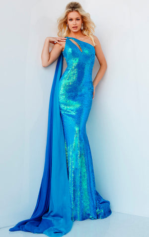 Jovani 08012 Iridescent Royal prom dress images.  Jovani style 08012 is available in these colors: Iridescent Fuchsia, Iridescent Orange, Iridescent Royal, Iridescent White.