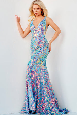 Jovani 08099 Iridescent Blue prom dress images.  Jovani style 08099 is available in these colors: Iridescent Blue,White Multi.