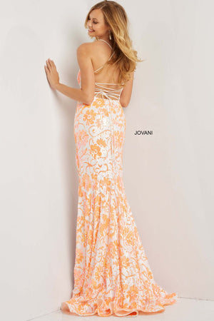 Jovani 08255 prom dress images.  Jovani style 08255 is available in these colors: Ivory Light Orange, Ivory Purple, Ivory Emerald.