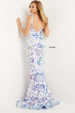 Jovani 08257 prom dress images.  Jovani style 08257 is available in these colors: Ivory Purple, Ivory Orange, Ivory Emerald.