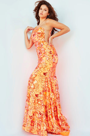Jovani 08460 Orange prom dress images.  Jovani style 08460 is available in these colors: Black, Orange, Pink.