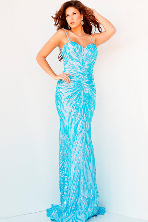 Jovani 08481 Iridescent Blue prom dress images.  Jovani style 08481 is available in these colors: Iridescent Blue, Iridescent Purple, Iridescent White, Mint Multi, Neon Pink, Red.