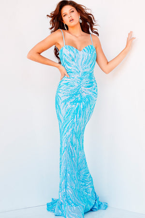 Jovani 08481 Iridescent Blue prom dress images.  Jovani style 08481 is available in these colors: Iridescent Blue, Iridescent Purple, Iridescent White, Mint Multi, Neon Pink, Red.