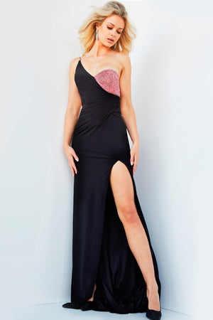 Jovani 09021 Black Pink prom dress images.  Jovani style 09021 is available in these colors: Black Pink, White Crystal.