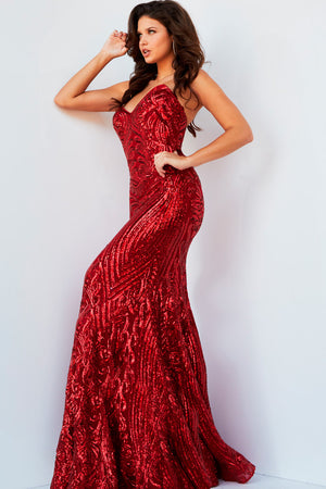 Jovani 09695 Red prom dress images.  Jovani style 09695 is available in these colors: Hot Pink, Ivory, Navy, Red.