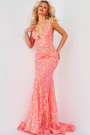 Jovani 22811 Iridescent Coral prom dress images.  Jovani style 22811 is available in these colors: Iridescent Coral, Iridescent Green, Iridescent Hot Pink.