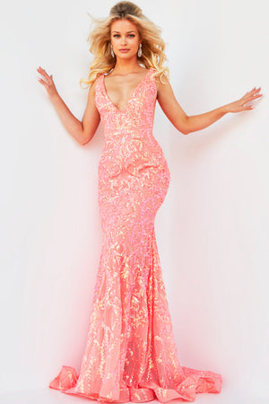 Jovani 22811 Iridescent Coral prom dress images.  Jovani style 22811 is available in these colors: Iridescent Coral, Iridescent Green, Iridescent Hot Pink.