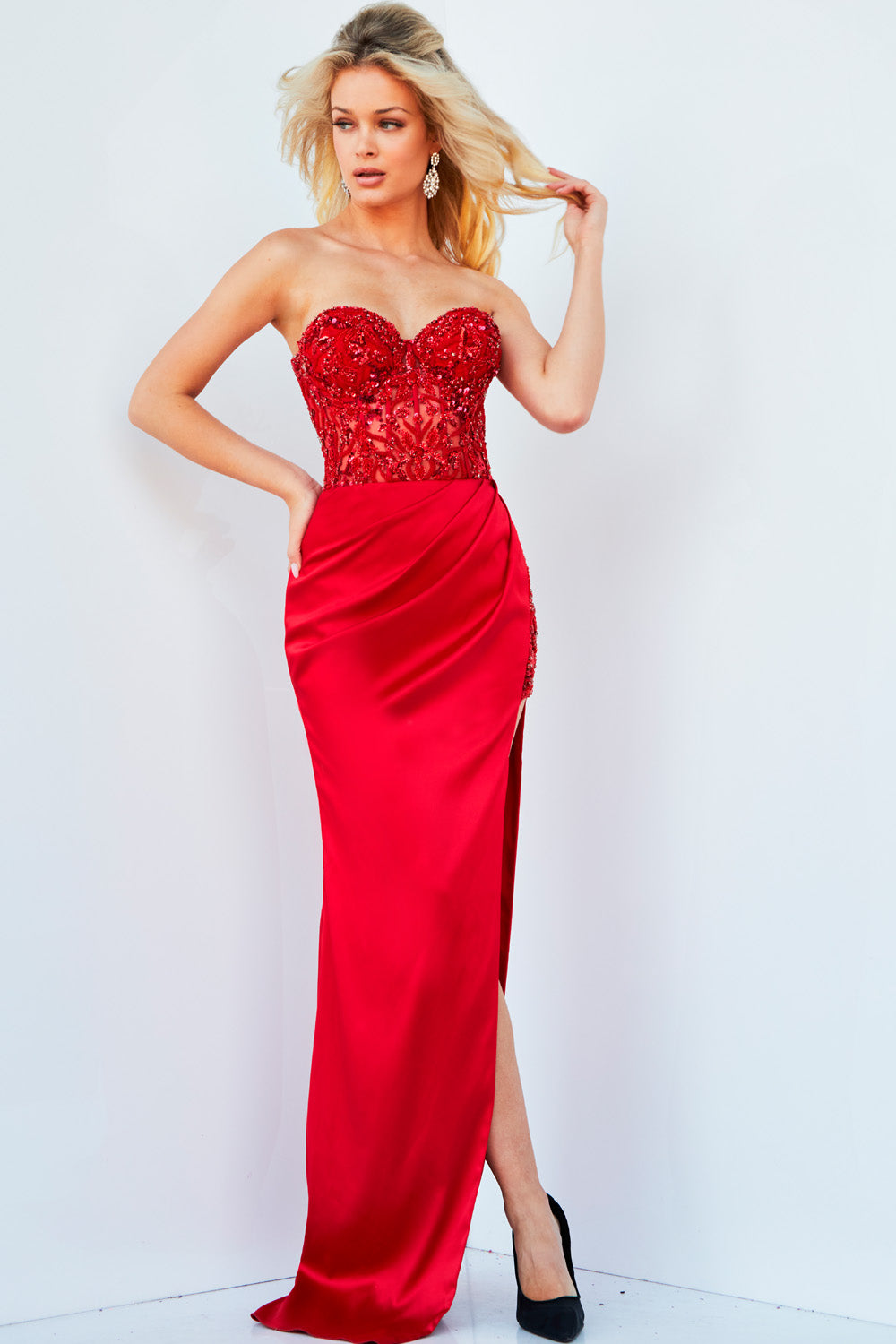 Jovani 22911 Red prom dress images.  Jovani style 22911 is available in these colors: Black, Emerald, Off White, Red.