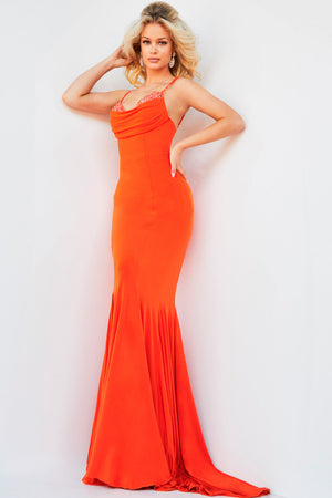 Jovani 23201 Orange prom dress images.  Jovani style 23201 is available in these colors: Black, Hot Pink, Light Blue, Off White, Orange.