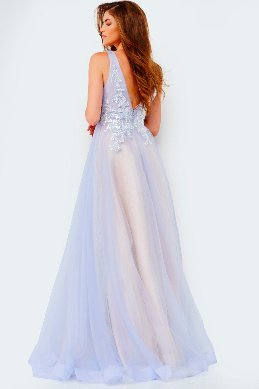 Jovani JVN07638  prom dress images.  Jovani style JVN07638 is available in these colors: Lavender, Light Blue, Light Pink.