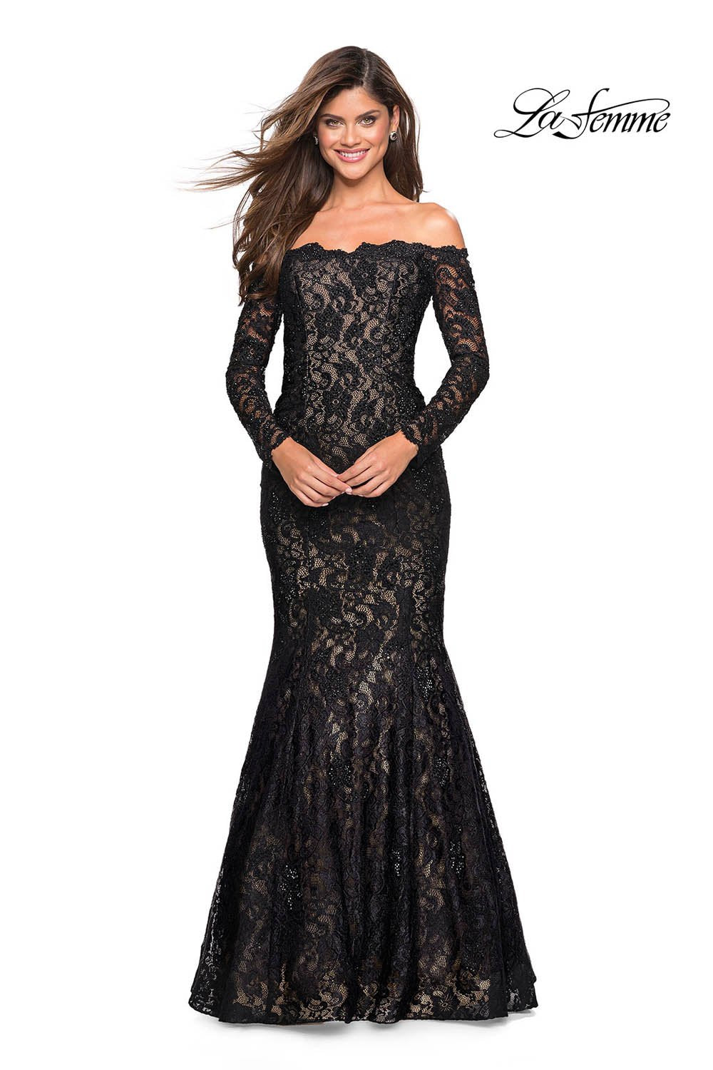 La Femme 26393 prom dress images.  La Femme 26393 is available in these colors: Black, Dark Turquoise, White.