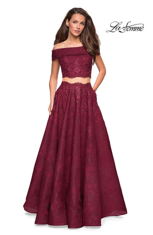 La Femme 27028 prom dress images.  La Femme 27028 is available in these colors: Burgundy, Navy, White Nude.