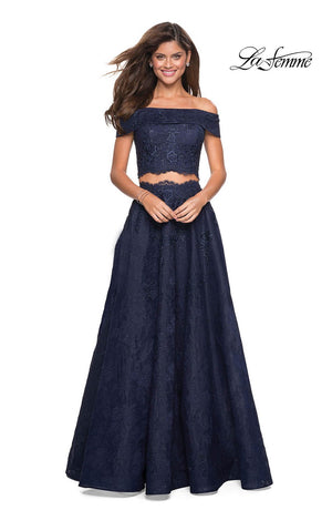 La Femme 27028 prom dress images.  La Femme 27028 is available in these colors: Burgundy, Navy, White Nude.