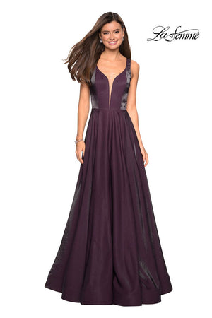 La Femme 27049 prom dress images.  La Femme 27049 is available in these colors: Burgundy, Gunmetal, Navy, Plum.