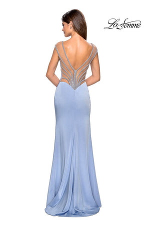 La Femme 27081 prom dress images.  La Femme 27081 is available in these colors: Blush, Cloud Blue, Silver.
