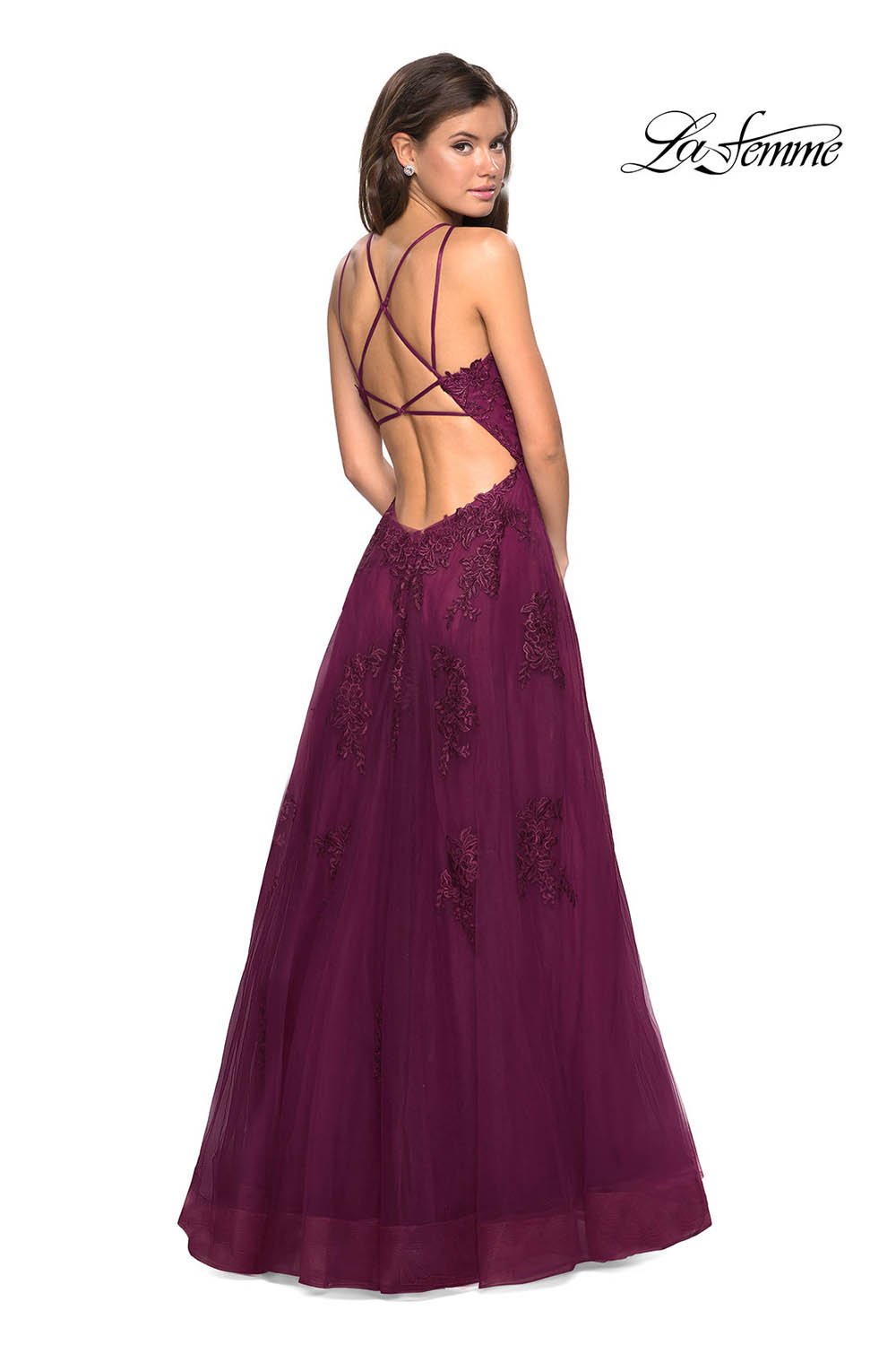 La Femme 27143 prom dress images.  La Femme 27143 is available in these colors: Dark Berry, Navy, Platinum.