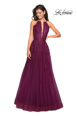 La Femme 27143 prom dress images.  La Femme 27143 is available in these colors: Dark Berry, Navy, Platinum.