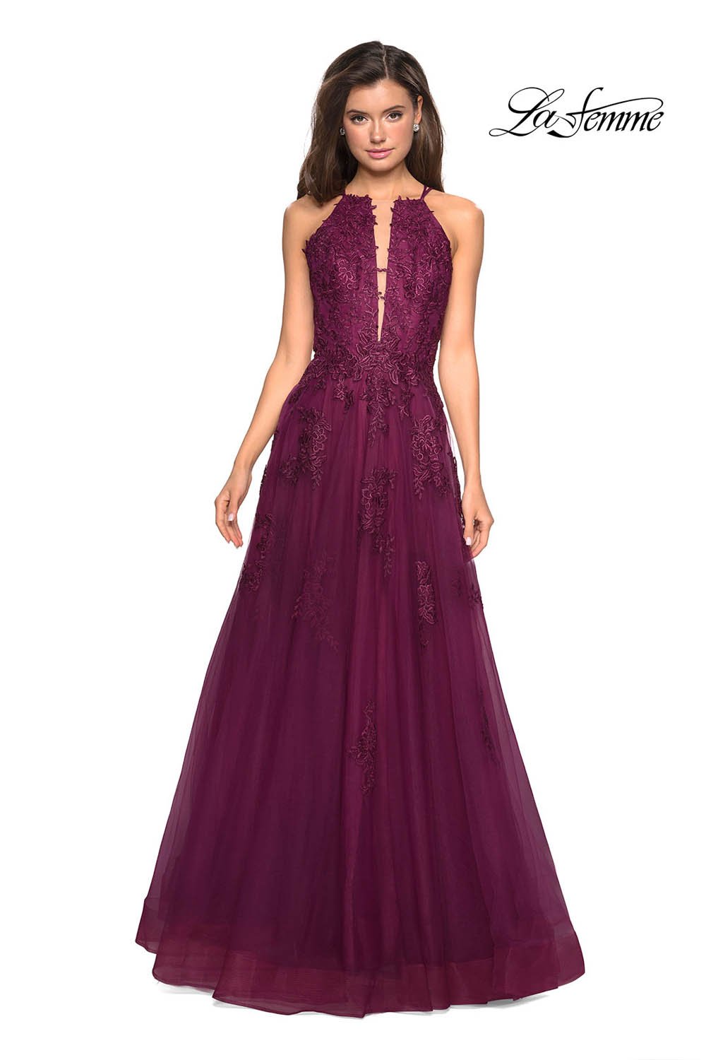 La Femme 27143 prom dress images.  La Femme 27143 is available in these colors: Dark Berry, Navy, Platinum.