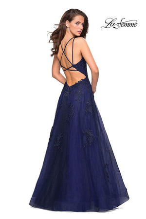 La Femme 27143 prom dress images.  La Femme 27143 is available in these colors: Dark Berry, Navy, Platinum.