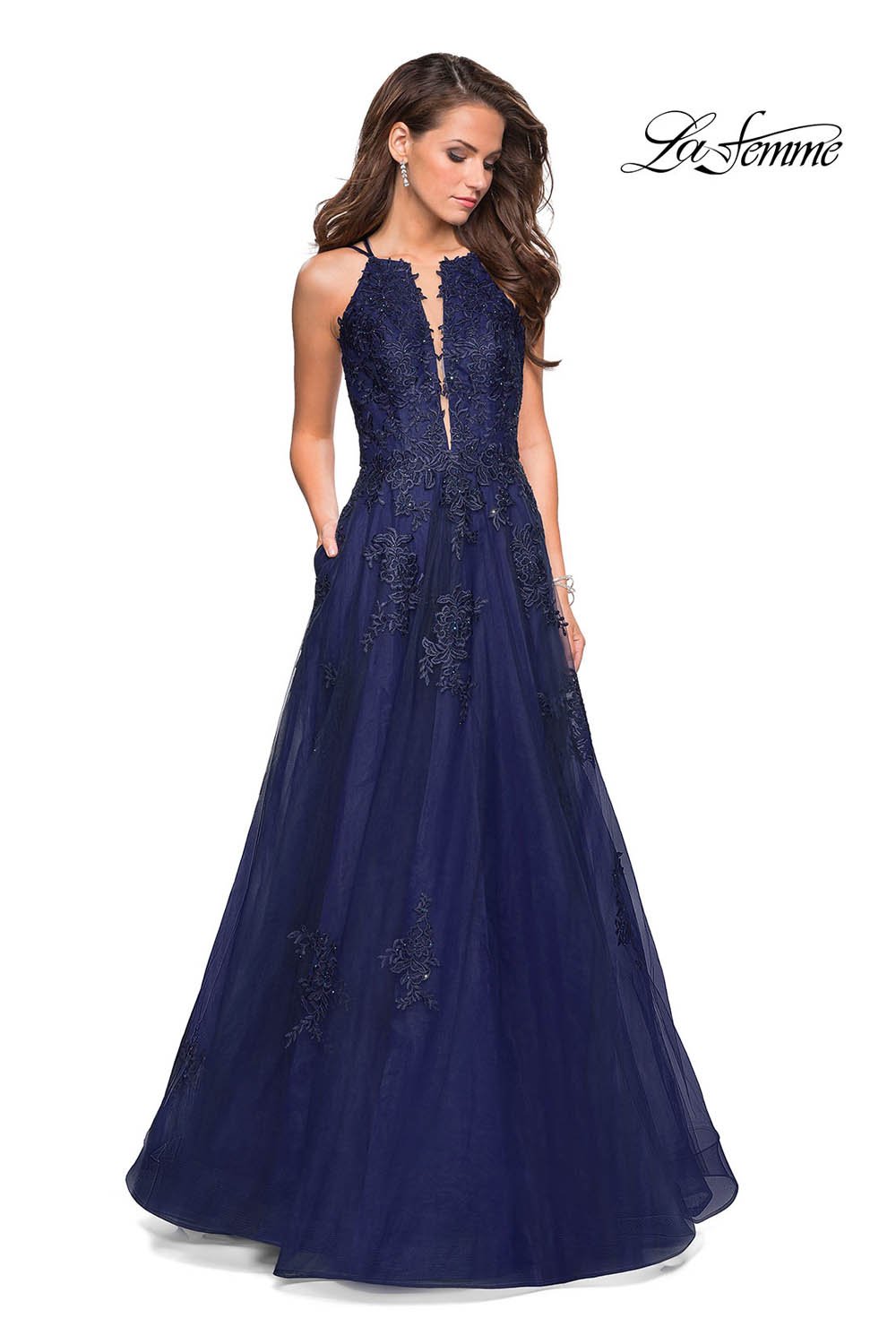 La Femme 27143 prom dress images.  La Femme 27143 is available in these colors: Dark Berry, Navy, Platinum.