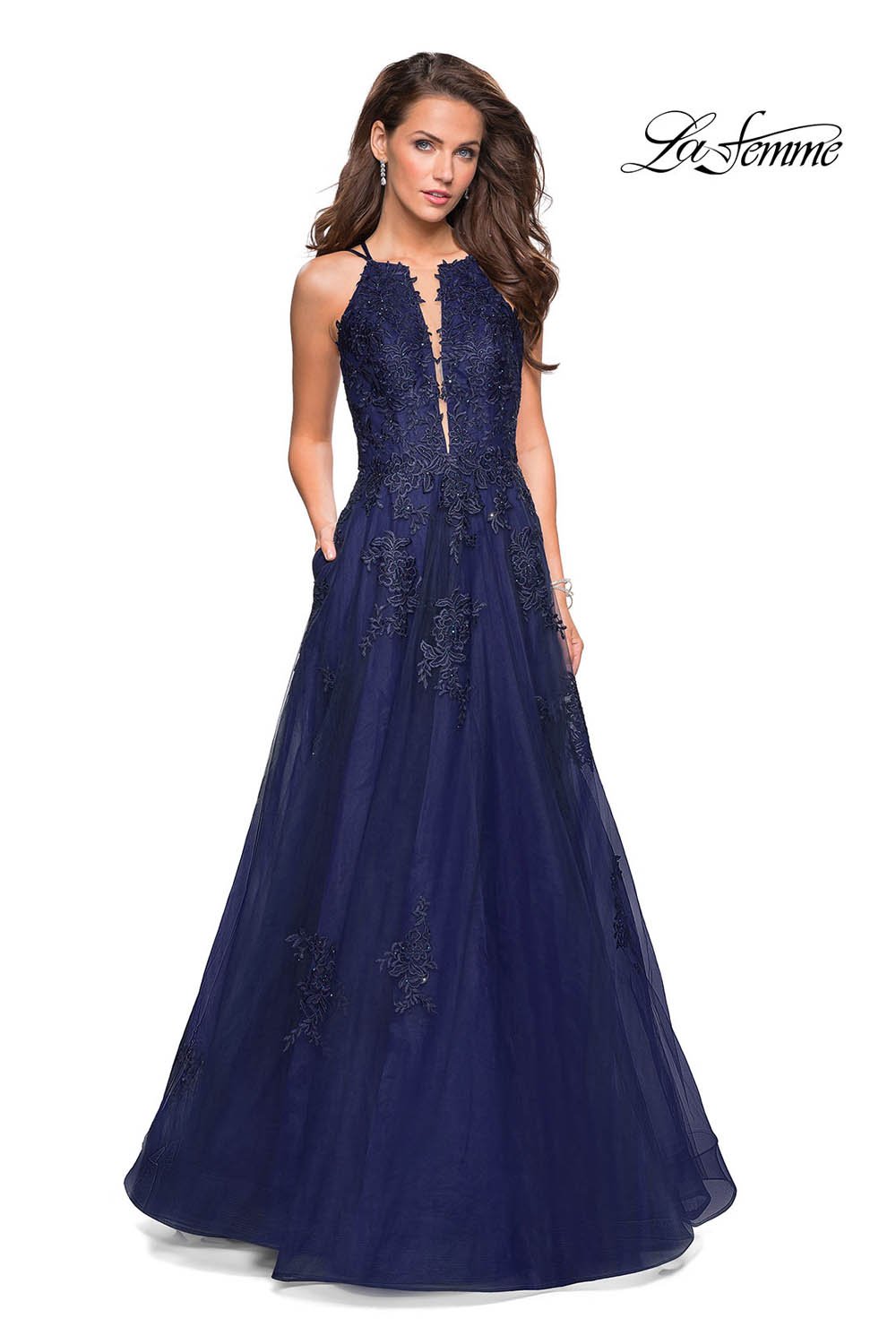 La Femme 27143 prom dress images.  La Femme 27143 is available in these colors: Dark Berry, Navy, Platinum.