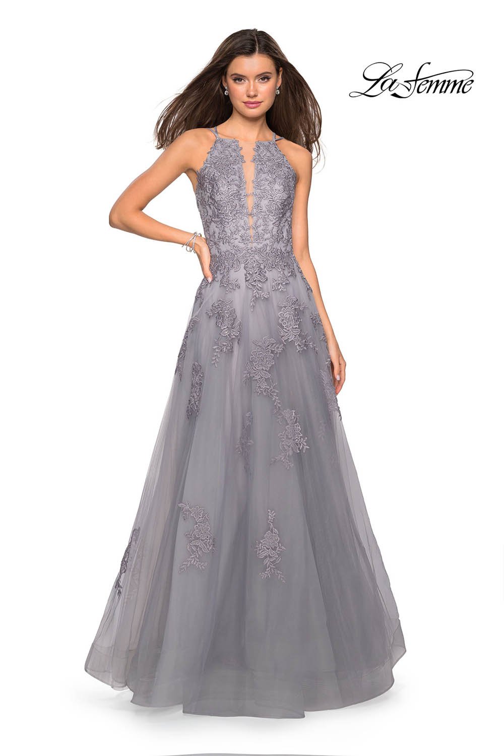 La Femme 27143 prom dress images.  La Femme 27143 is available in these colors: Dark Berry, Navy, Platinum.