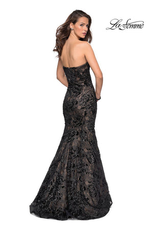 La Femme 27178 prom dress images.  La Femme 27178 is available in these colors: Black Nude, Red Black, White Nude.