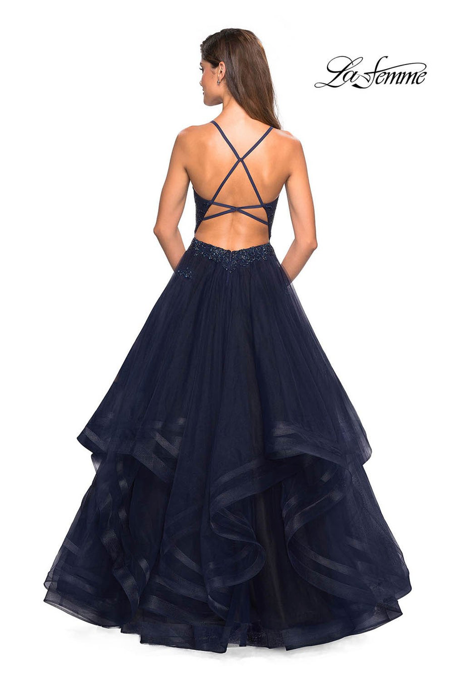 La Femme 27192 prom dress images.  La Femme 27192 is available in these colors: Navy.