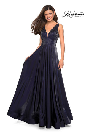 La Femme 27205 prom dress images.  La Femme 27205 is available in these colors: Blush, Burgundy, Navy, Platinum.