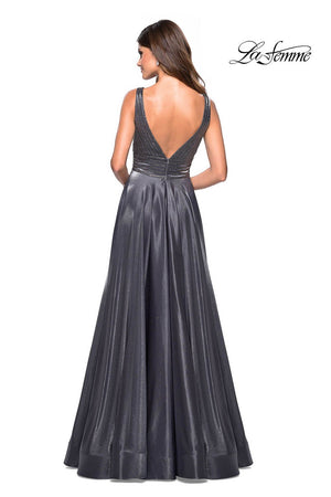 La Femme 27205 prom dress images.  La Femme 27205 is available in these colors: Blush, Burgundy, Navy, Platinum.