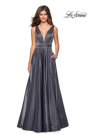 La Femme 27205 prom dress images.  La Femme 27205 is available in these colors: Blush, Burgundy, Navy, Platinum.