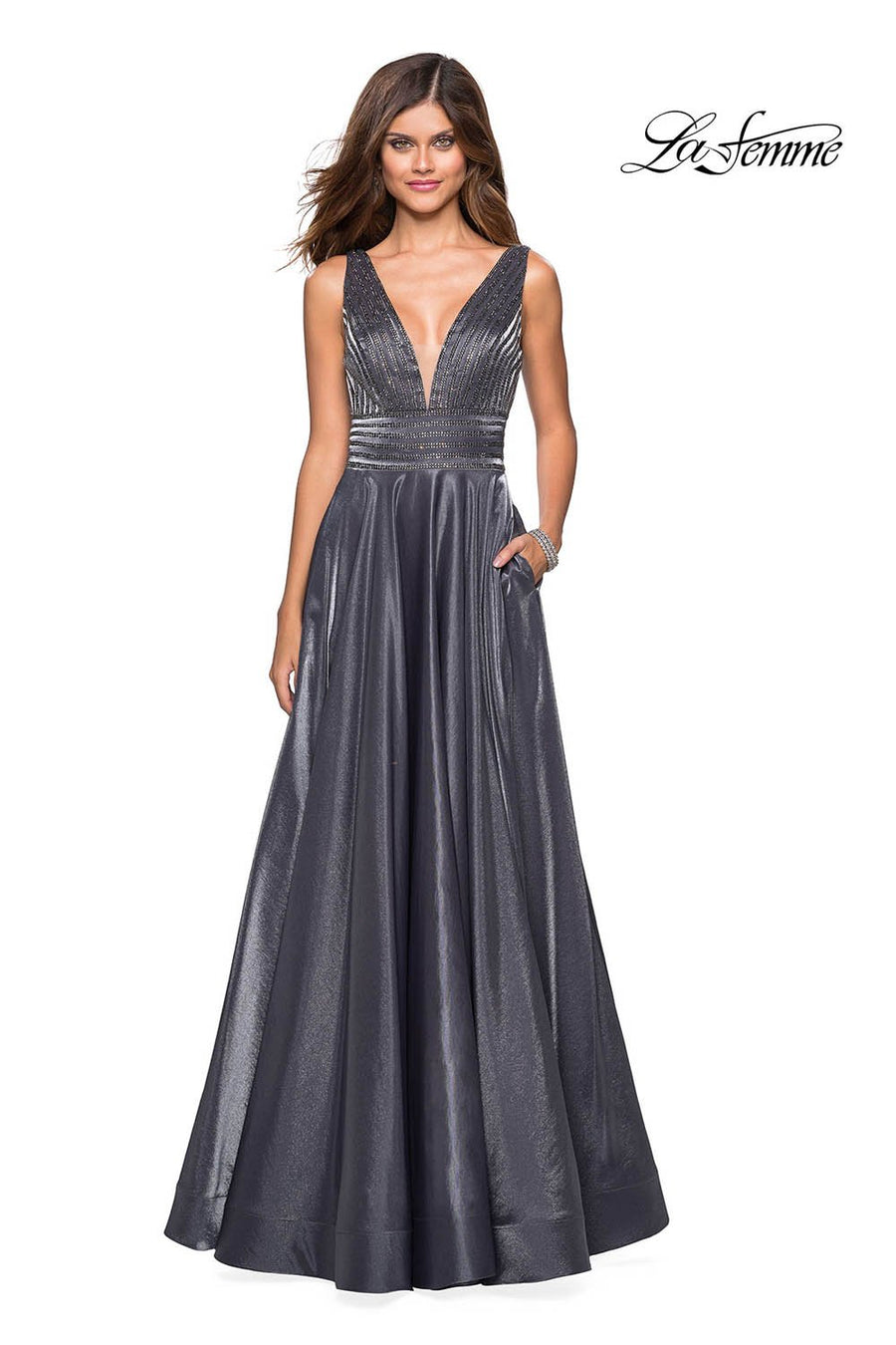 La Femme 27205 prom dress images.  La Femme 27205 is available in these colors: Blush, Burgundy, Navy, Platinum.