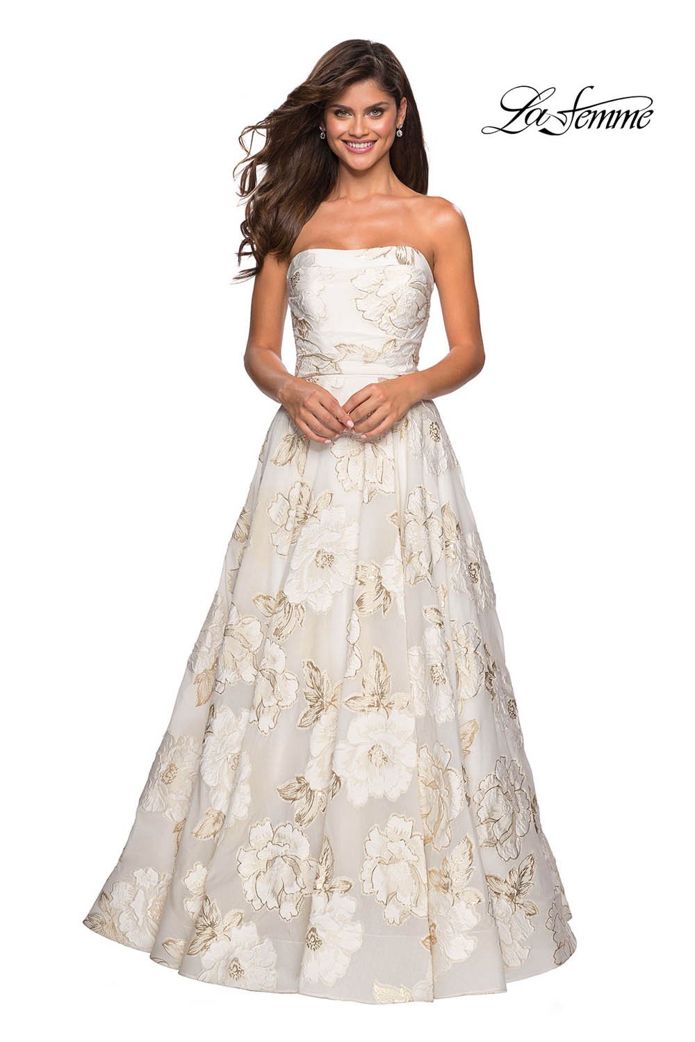 La Femme 27207 prom dress images.  La Femme 27207 is available in these colors: Black Gold, Ivory Gold.