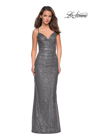 La Femme 27234 prom dress images.  La Femme 27234 is available in these colors: Gunmetal, Light Gold, Navy.