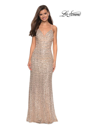 La Femme 27234 prom dress images.  La Femme 27234 is available in these colors: Gunmetal, Light Gold, Navy.