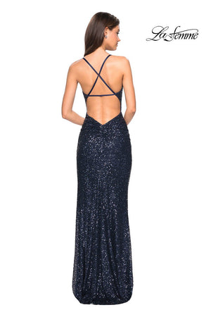 La Femme 27234 prom dress images.  La Femme 27234 is available in these colors: Gunmetal, Light Gold, Navy.