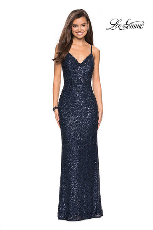 La Femme 27234 prom dress images.  La Femme 27234 is available in these colors: Gunmetal, Light Gold, Navy.